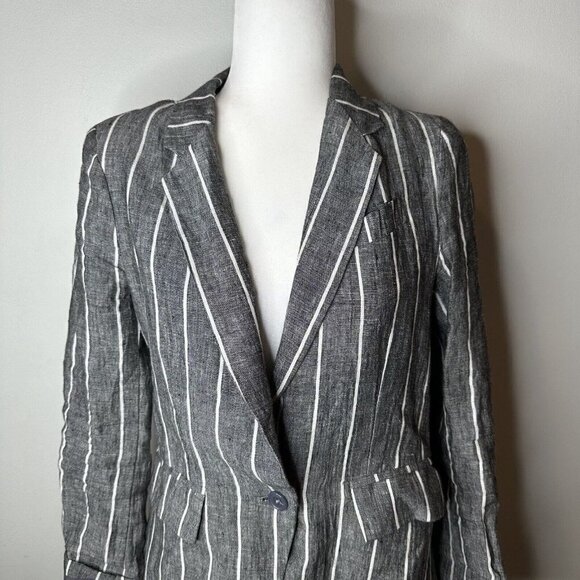 Olivaceous Women's Linen Blend Blazer Jacket Career Size S Gray White Striped - Picture 2 of 11